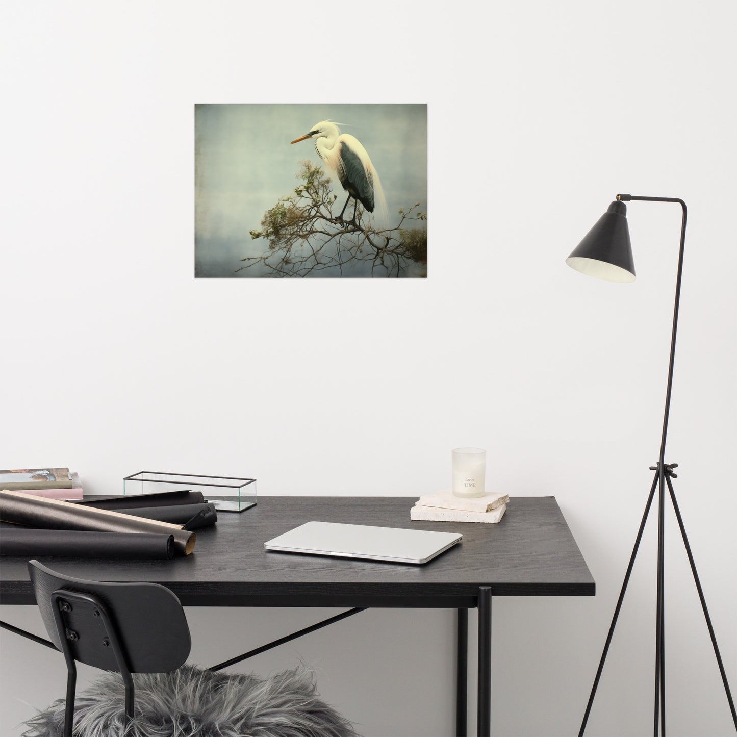 Heron Print: Coastal Solitude Egret Retro Subdued Photorealism - Digital Artwork Loose Art