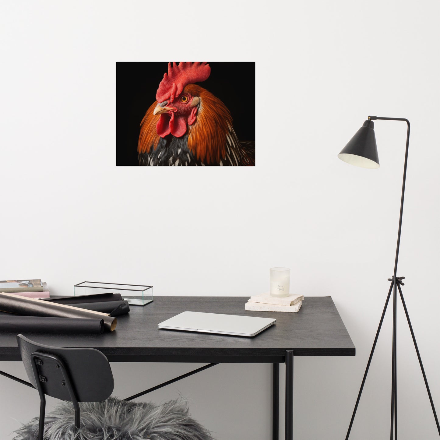 Bird Wall Decor: Crimson Crown Rooster Portrait Photorealism - Digital Artwork Loose Art Print