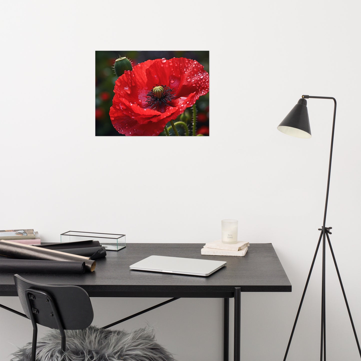 Floral Poster Prints: Crimson Solitude Photorealism - Digital Artwork Loose Art Print