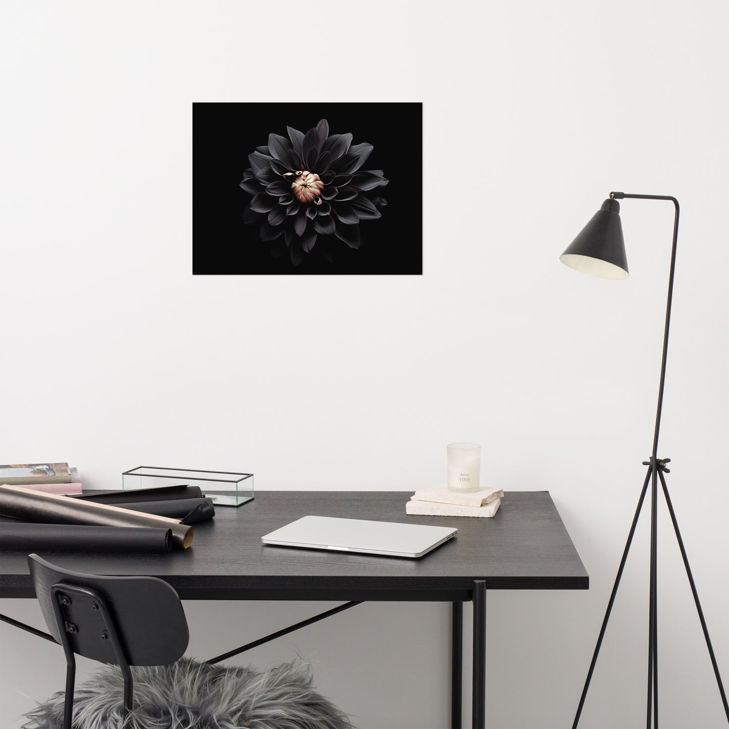 Floral Painting: Dahlia in the Shadows Black Flowers Photorealism - Digital Artwork Loose Art Print