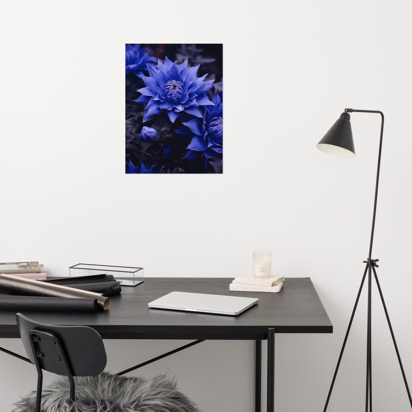 Blue Flower Painting: Dahlia Majesty Photorealism - Digital Artwork Loose Art Print