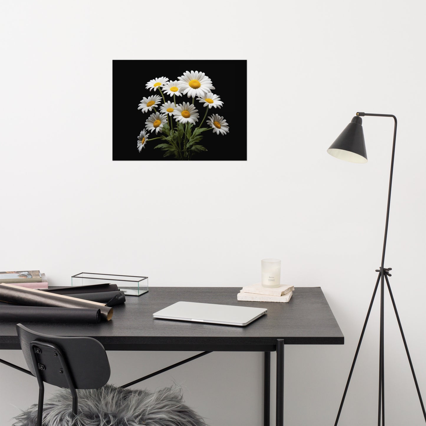 Flower Poster Painting: Daisies on Black Photorealism - Digital Artwork Loose Art Print