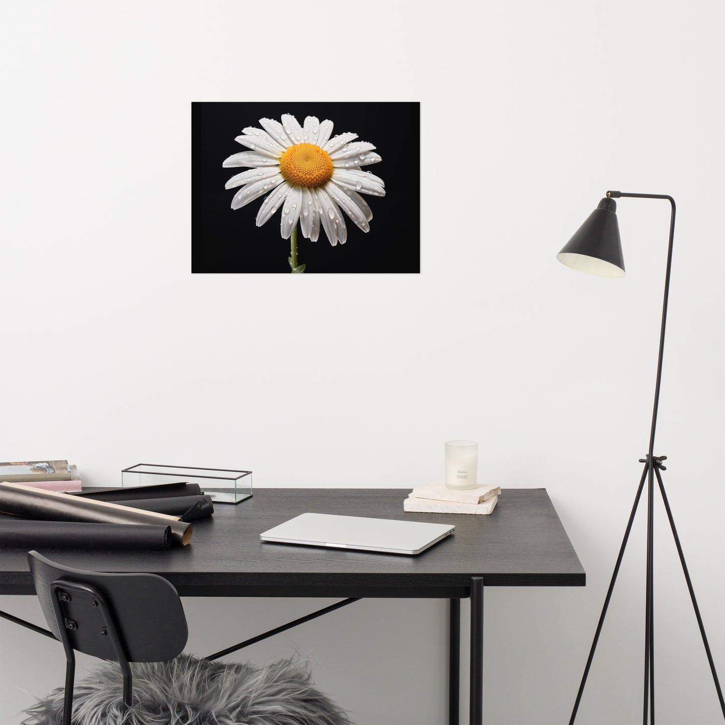 White Flower Black Background Painting: Dew-kissed Daisy Floral Photorealism - Digital Artwork Loose Art Print