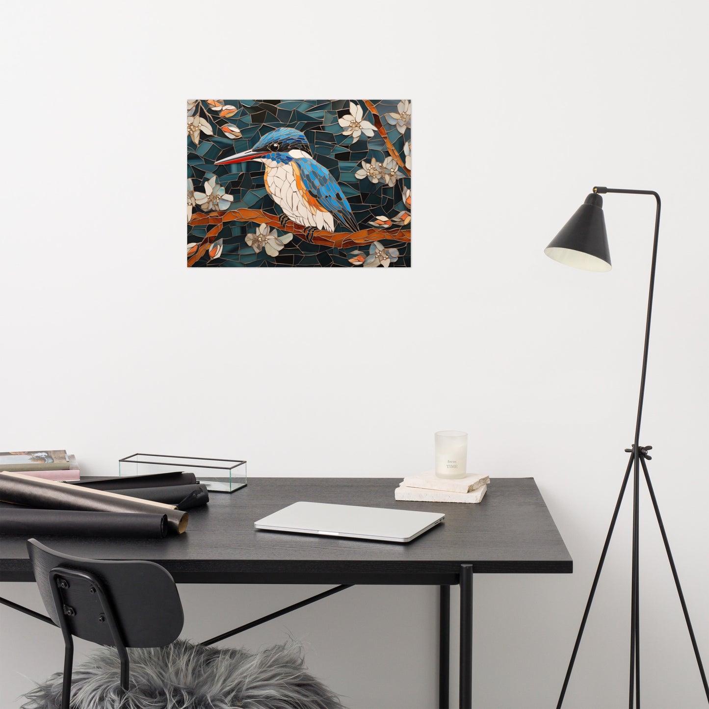 Kingfisher Among Blossoms Mosaic Illustration - Digital Artwork Loose Art Print