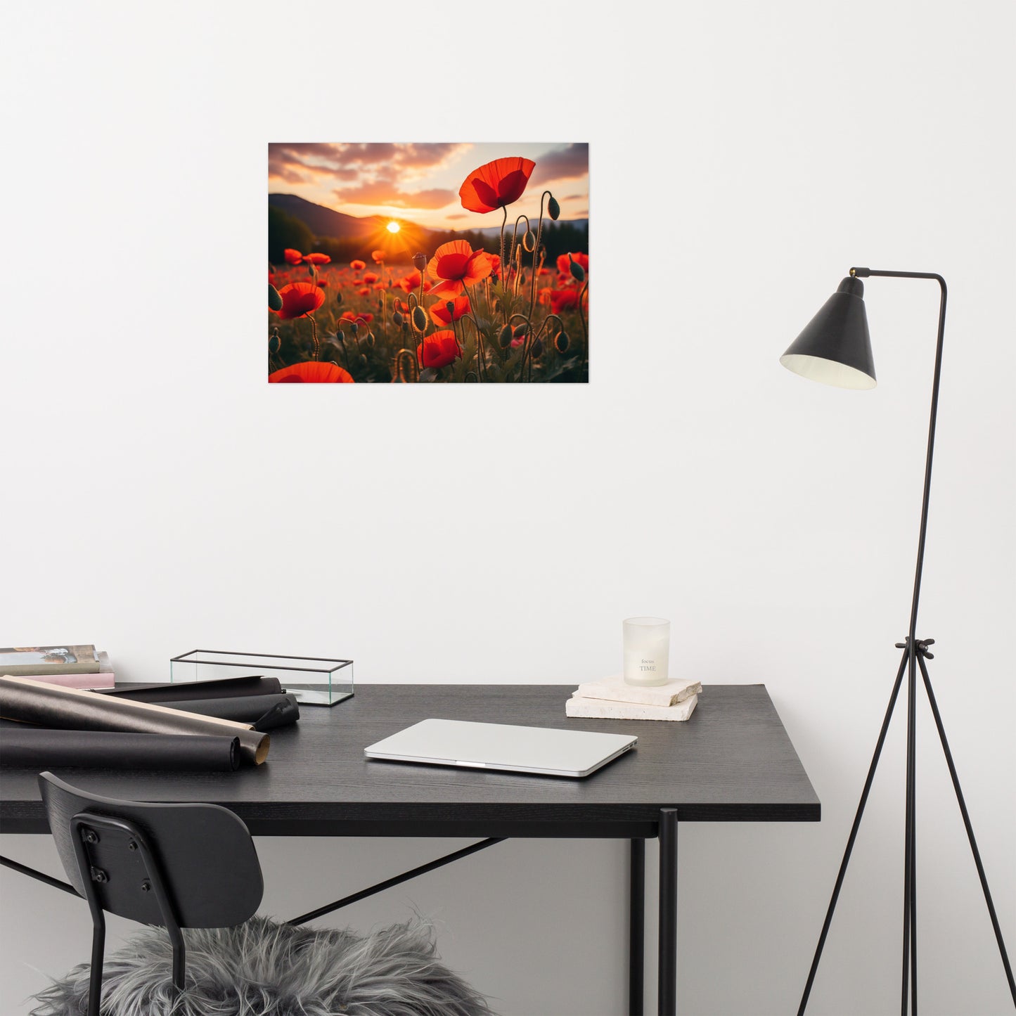 Scarlet Serenade Poppy Field Sunset Photorealism - Digital Artwork Loose Art Print