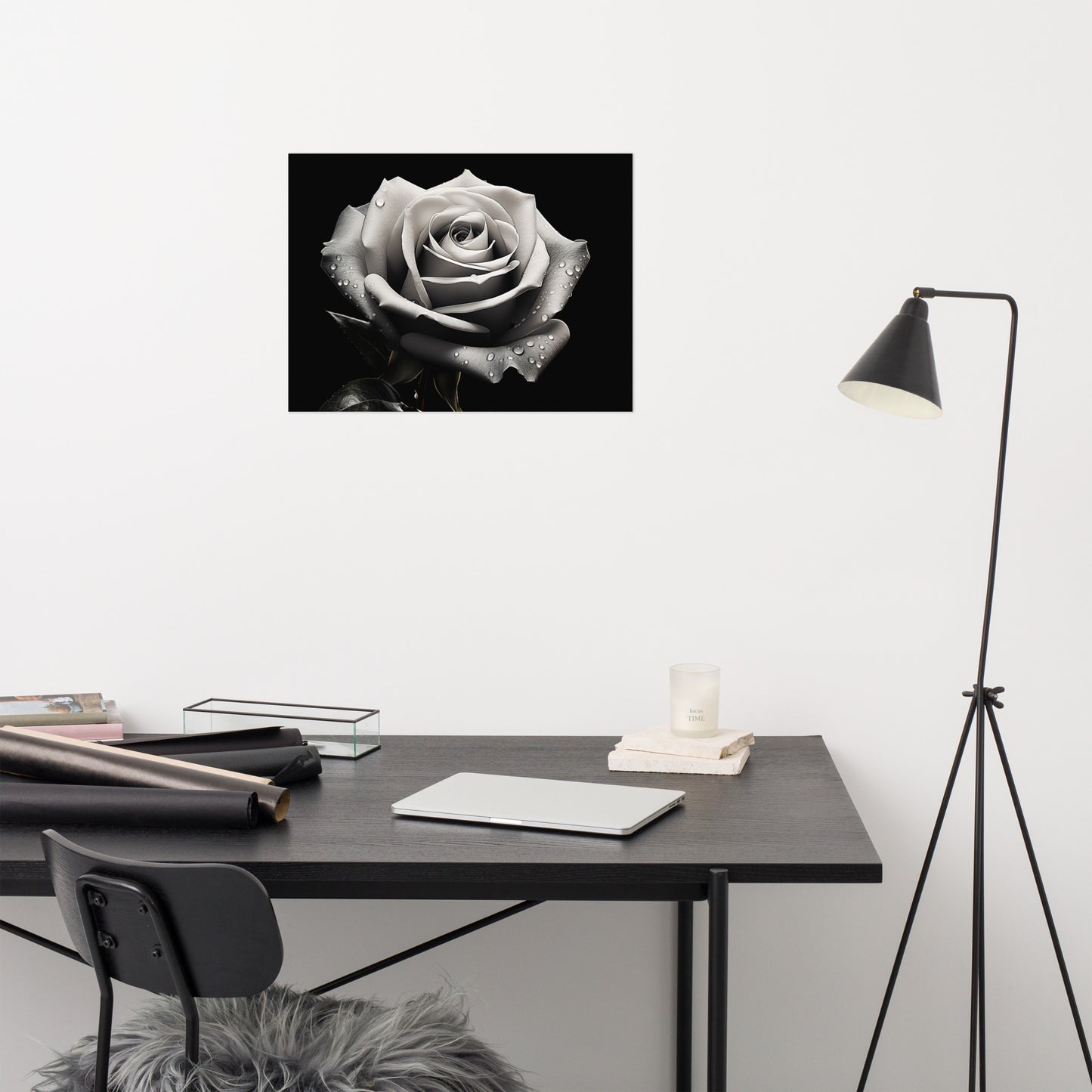 Silver Tears Black and White Rose Photorealism - Digital Artwork Loose Art Print