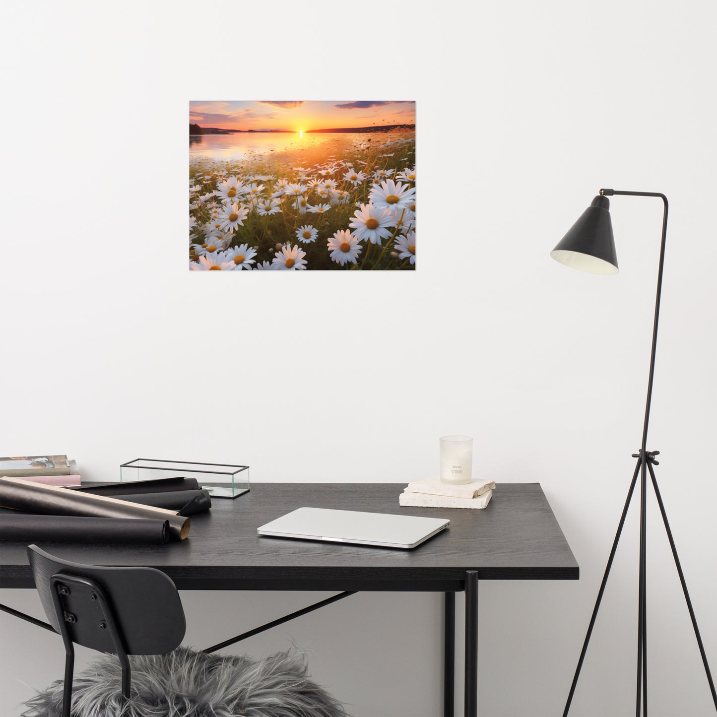 Sunset Serenade Daisy Field Photorealism - Digital Artwork Loose Art Print