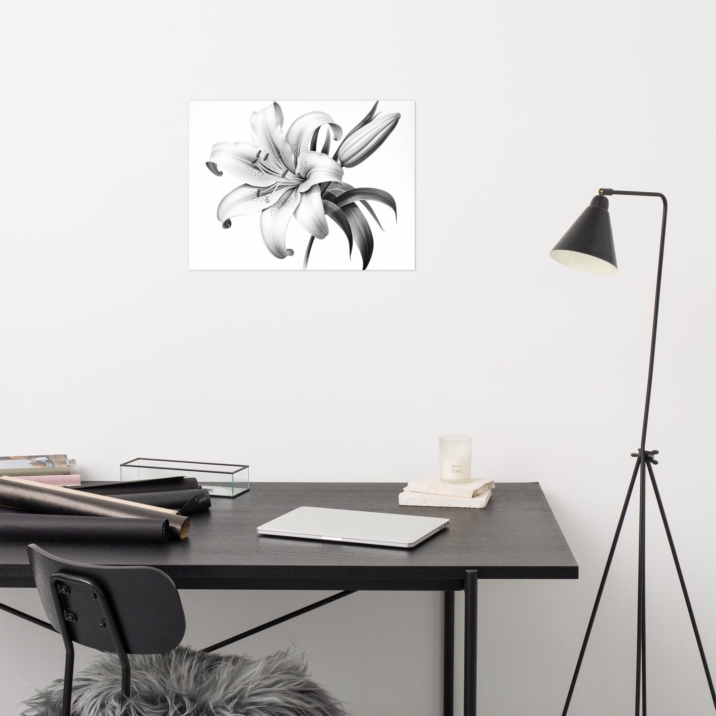 Lily Flower Wall Art: A Moment of Bloom Pencil Sketch Charcoal Drawing Digital Artwork Loose Art Print