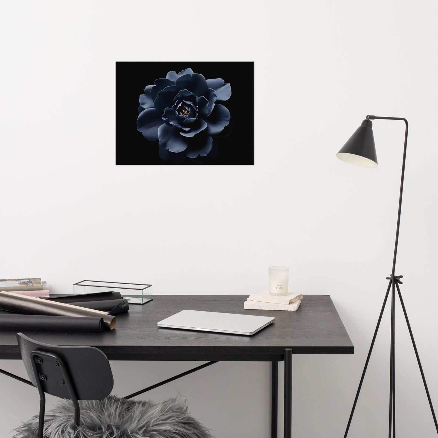 Starlit Blooms Dark Navy Blue Flower - Realism Painting Digital Artwork Loose Art Print