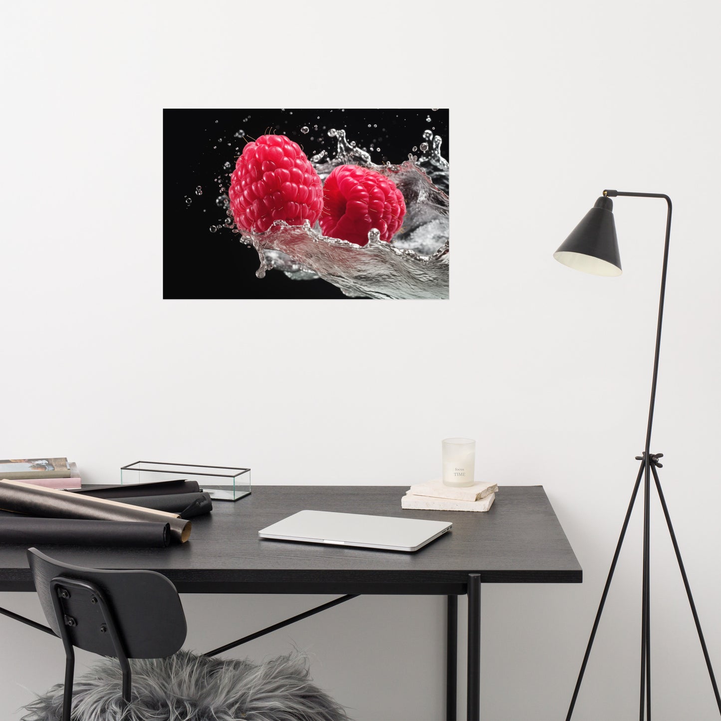 Burst of Freshness Raspberries in Water Photorealism Painting - Digital Artwork Loose Art Print