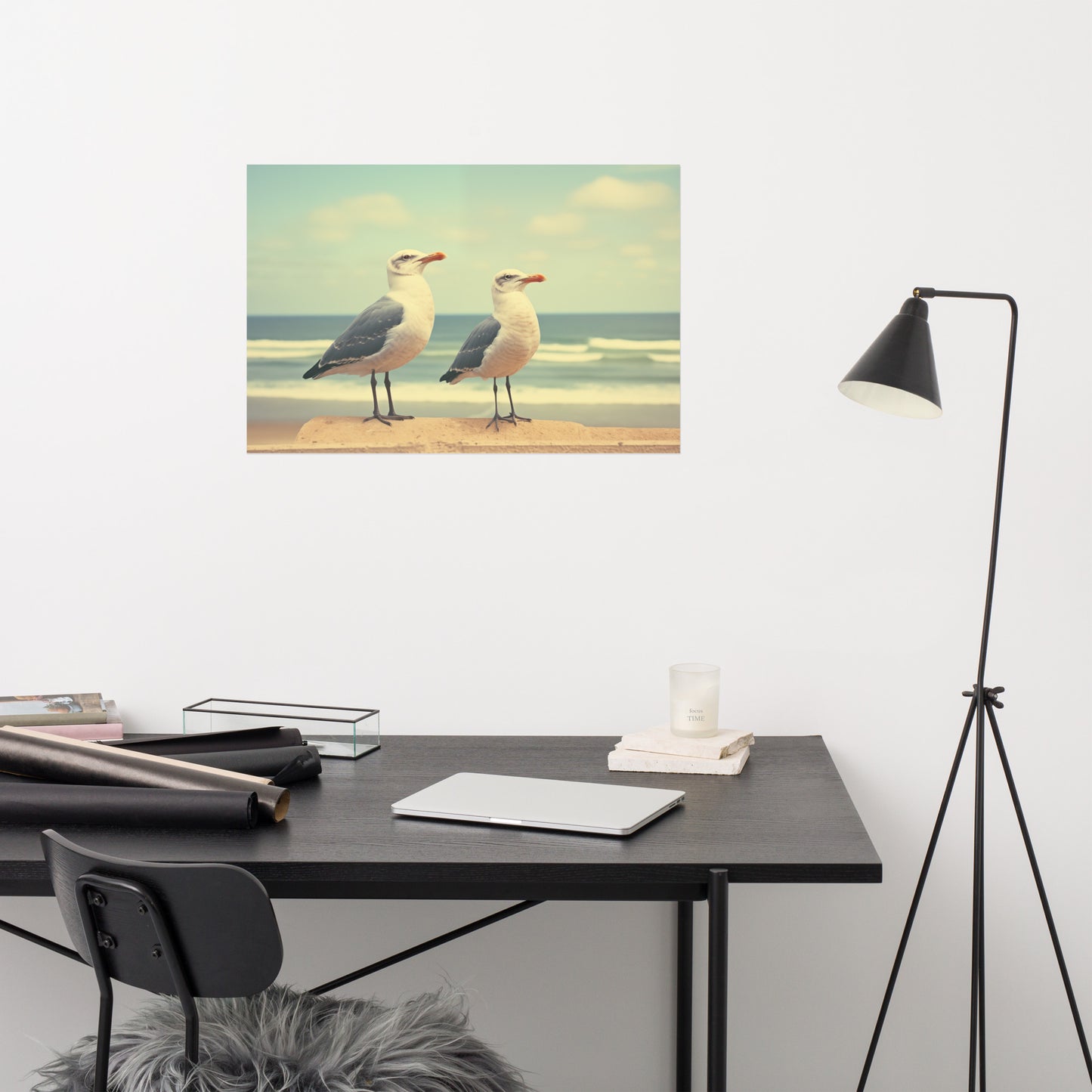 Bird Artwork Prints: Coastal Companions Vintage Retro Subdued Seagulls Photorealism - Digital Artwork Loose Art Print