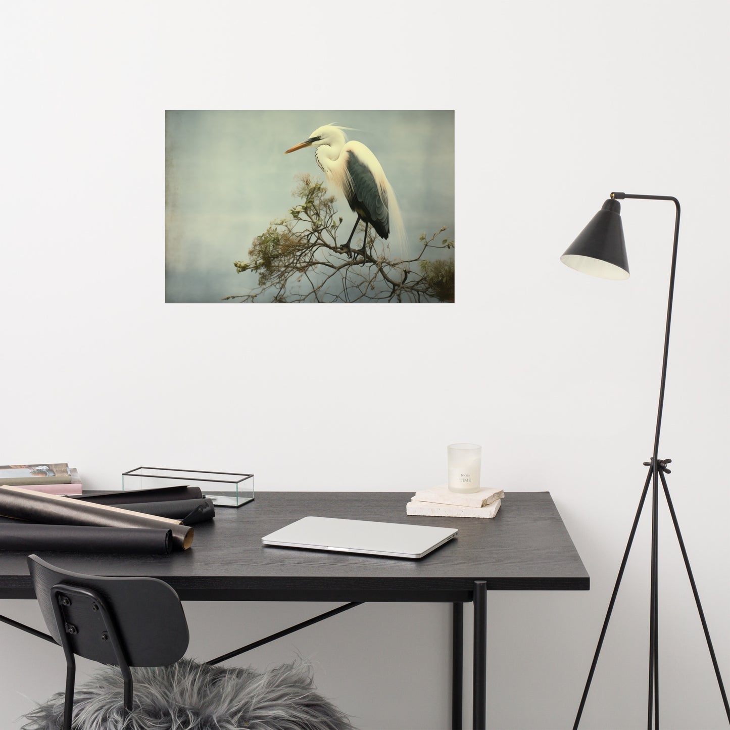 Heron Print: Coastal Solitude Egret Retro Subdued Photorealism - Digital Artwork Loose Art