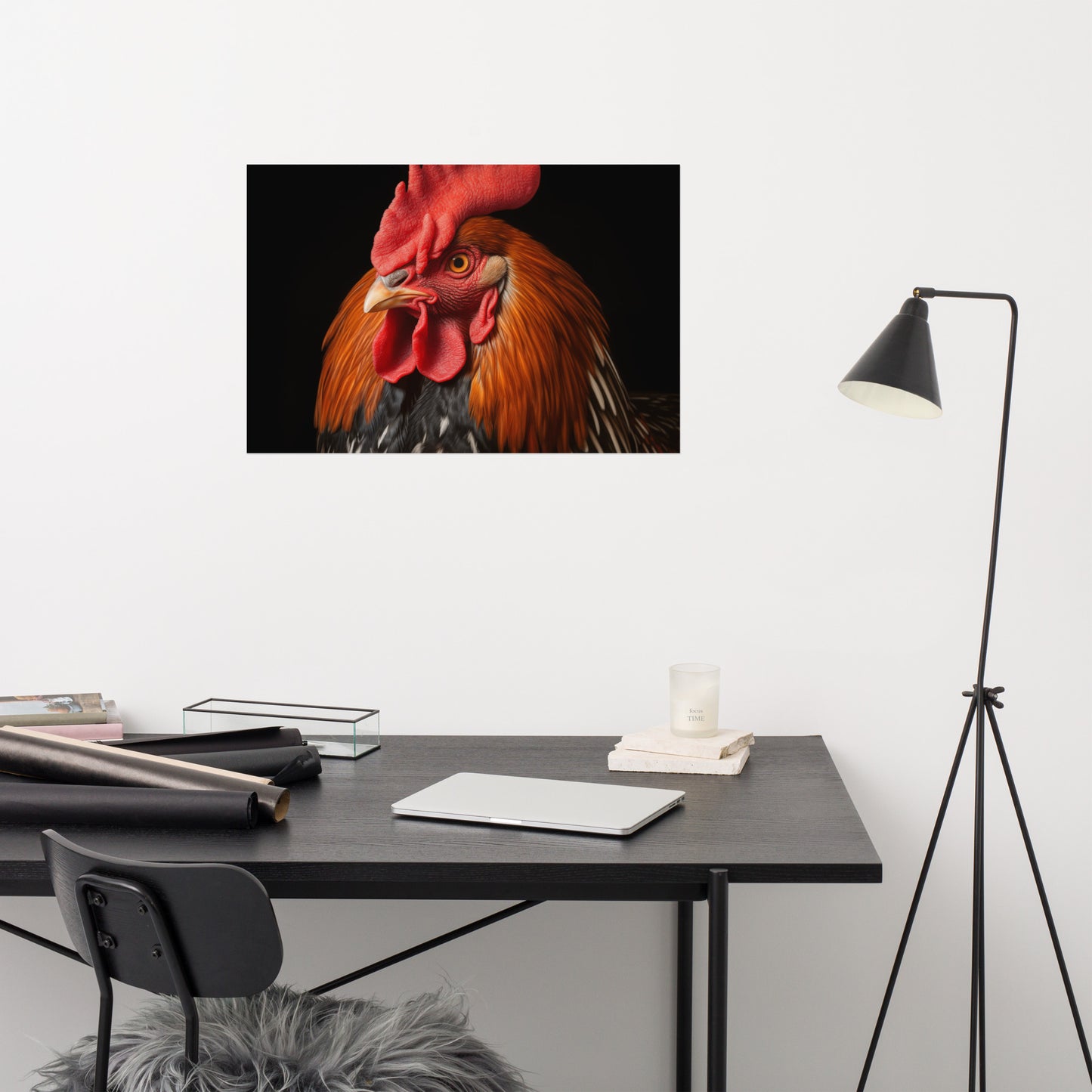 Bird Wall Decor: Crimson Crown Rooster Portrait Photorealism - Digital Artwork Loose Art Print