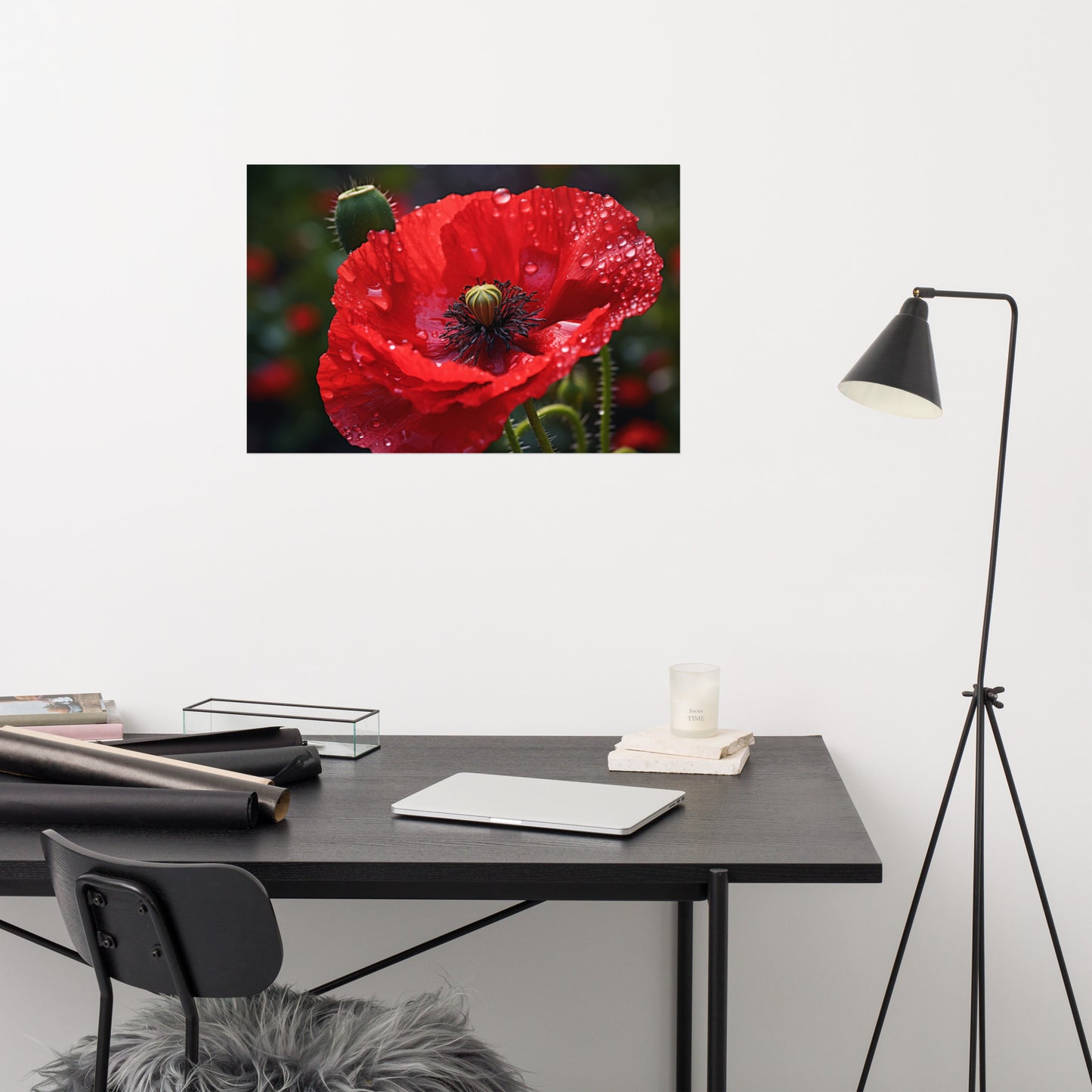 Floral Poster Prints: Crimson Solitude Photorealism - Digital Artwork Loose Art Print