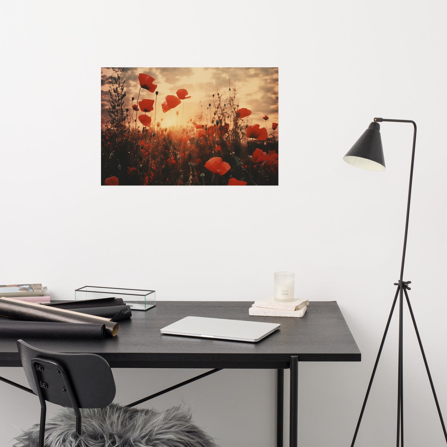 Prints of Flowers for Framing: Crimson Sunset Serenade Poppy Field Retro Subdued - Digital Artwork Loose Art Print