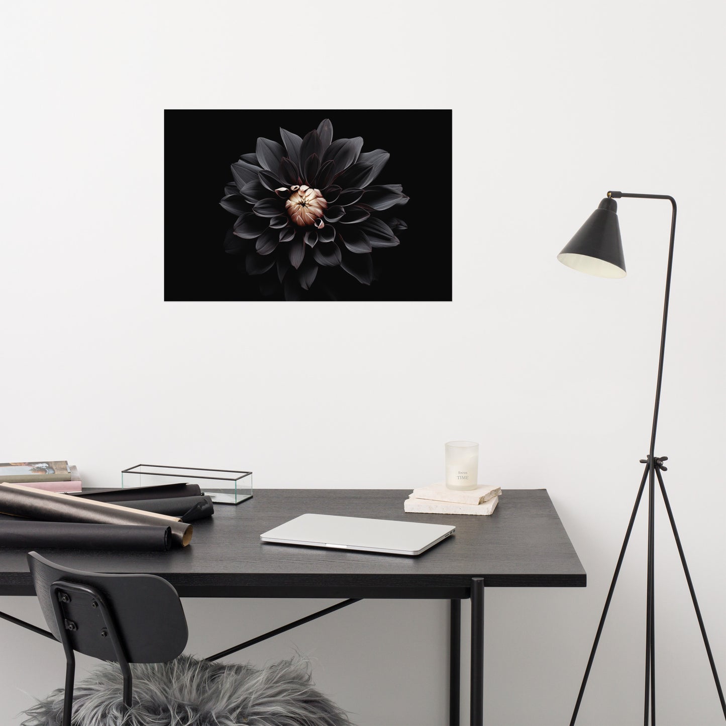 Floral Painting: Dahlia in the Shadows Black Flowers Photorealism - Digital Artwork Loose Art Print