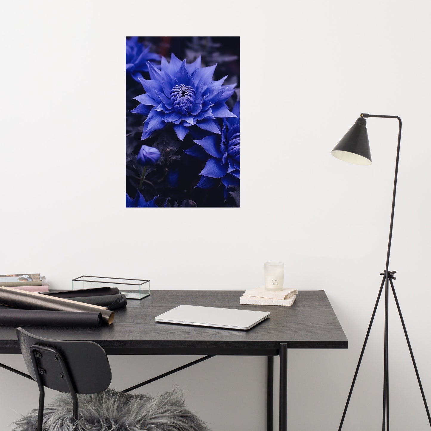 Blue Flower Painting: Dahlia Majesty Photorealism - Digital Artwork Loose Art Print