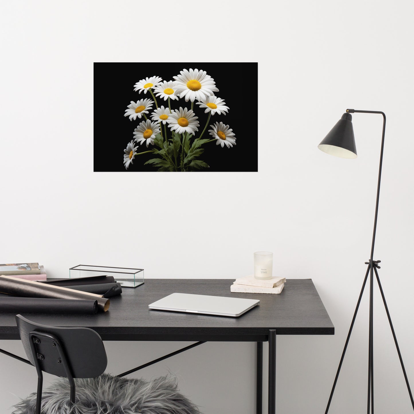 Flower Poster Painting: Daisies on Black Photorealism - Digital Artwork Loose Art Print