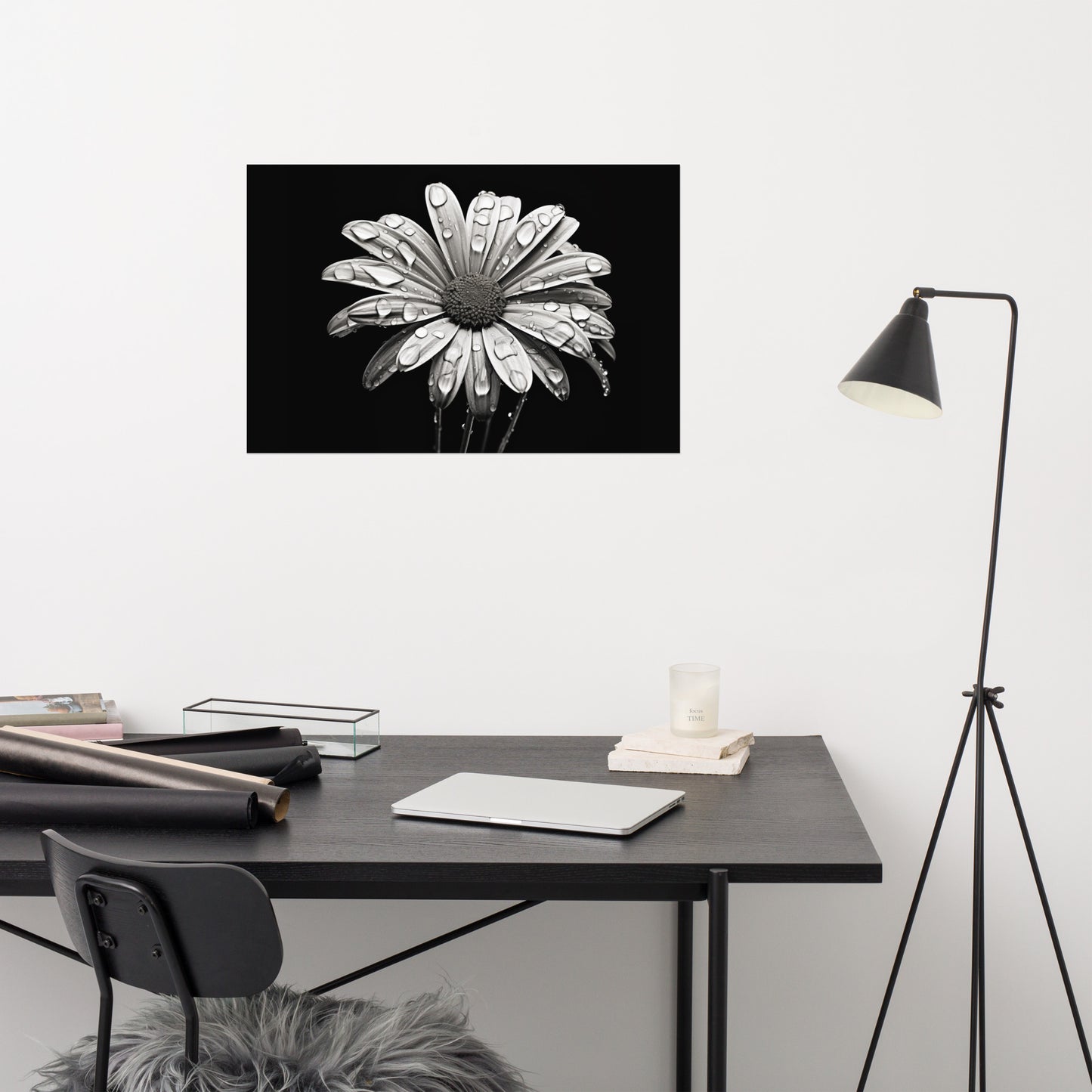 Still Art Flowers: Dark Bloom Daisy Photorealism - Digital Artwork Loose Art Print