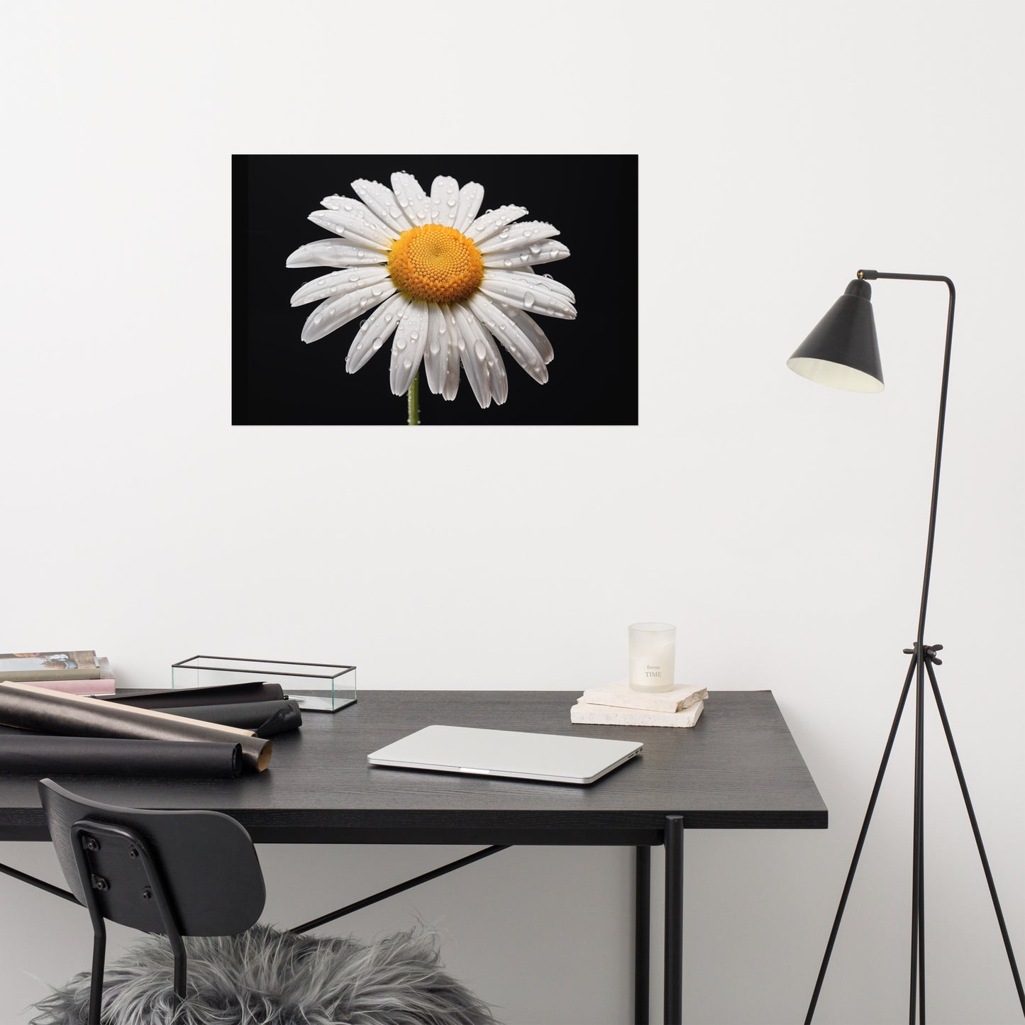 White Flower Black Background Painting: Dew-kissed Daisy Floral Photorealism - Digital Artwork Loose Art Print