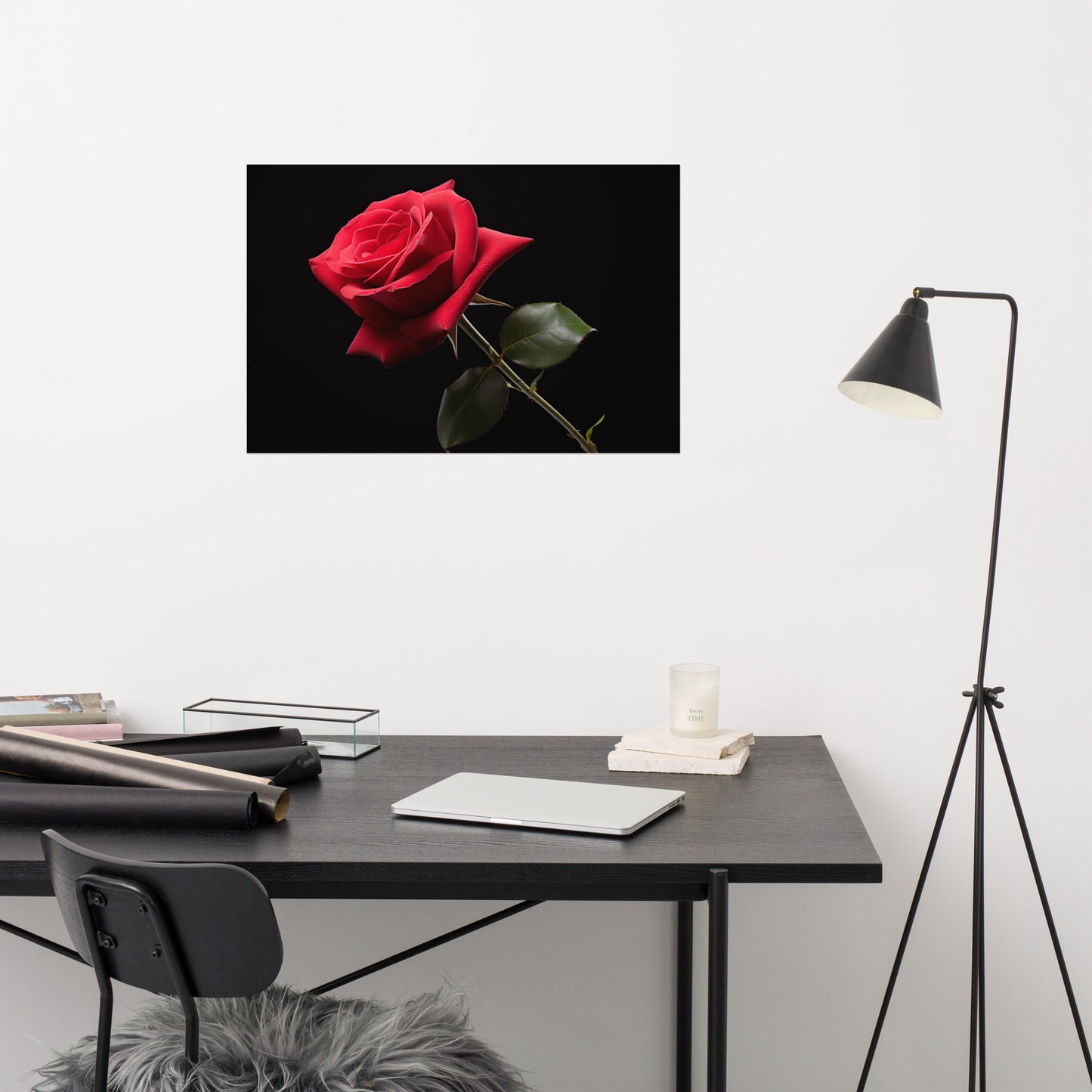 Red Floral Wall Art: Ebony Serenade Photorealism - Digital Artwork Loose Art Print