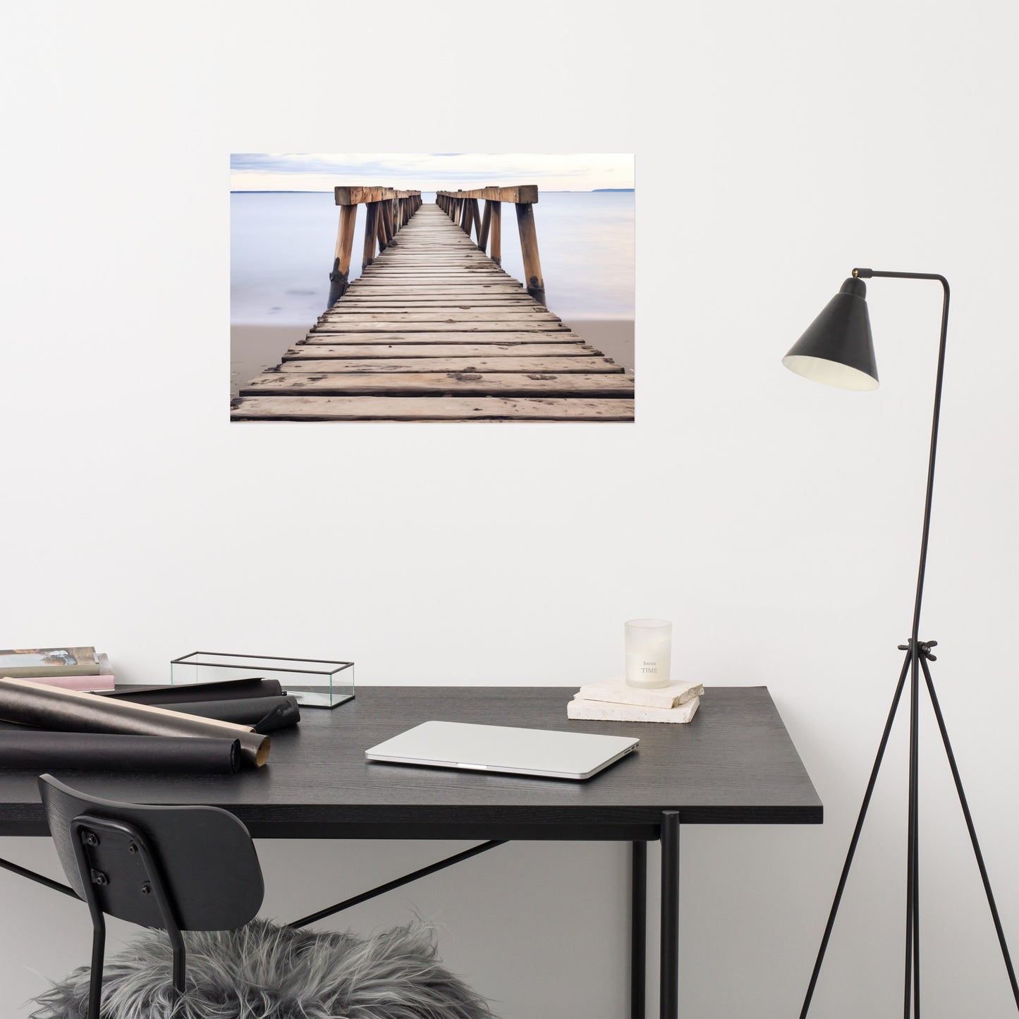 Beach and Coastal Wall Art: Echoes of the Sea Abandoned Weathered Pier Beach Subdued Photorealism - Digital Artwork Loose Art Print