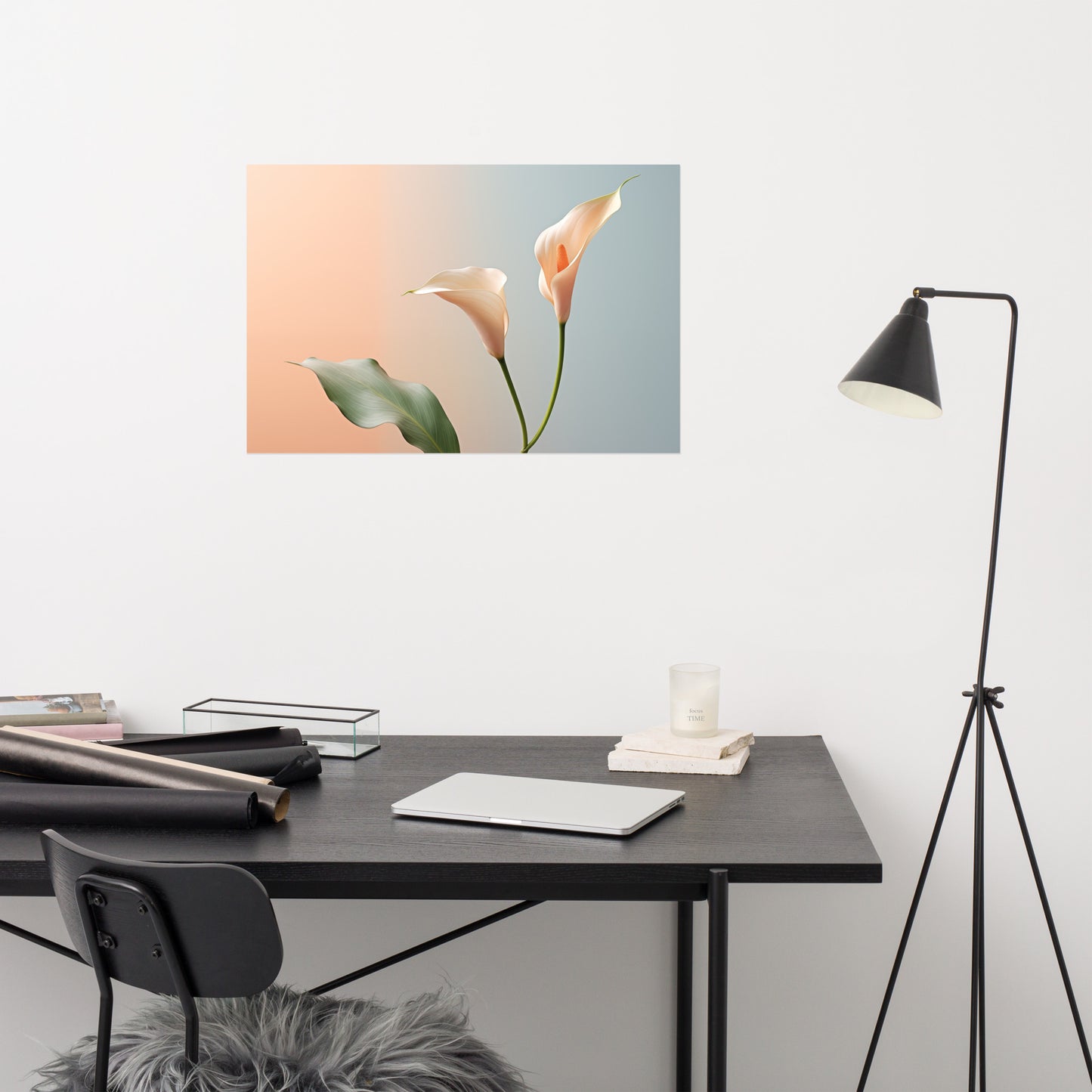 Coral Floral Wall Art: Elegant Embrace Calla Lily Minimal Photorealism - Digital Artwork Loose Art Print