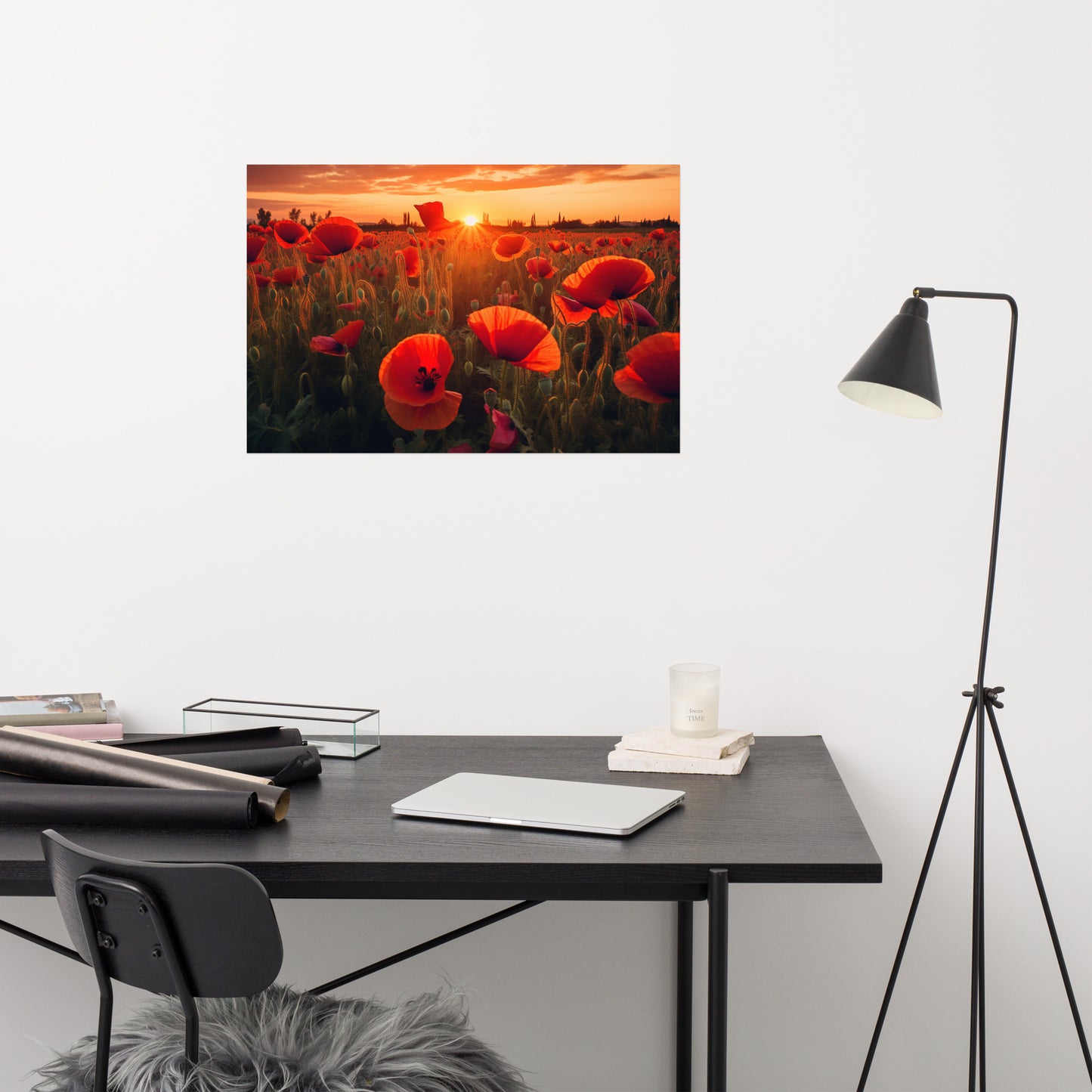 Field of Dreams Poppy Field Sunset Photorealism - Digital Artwork Loose Art Print