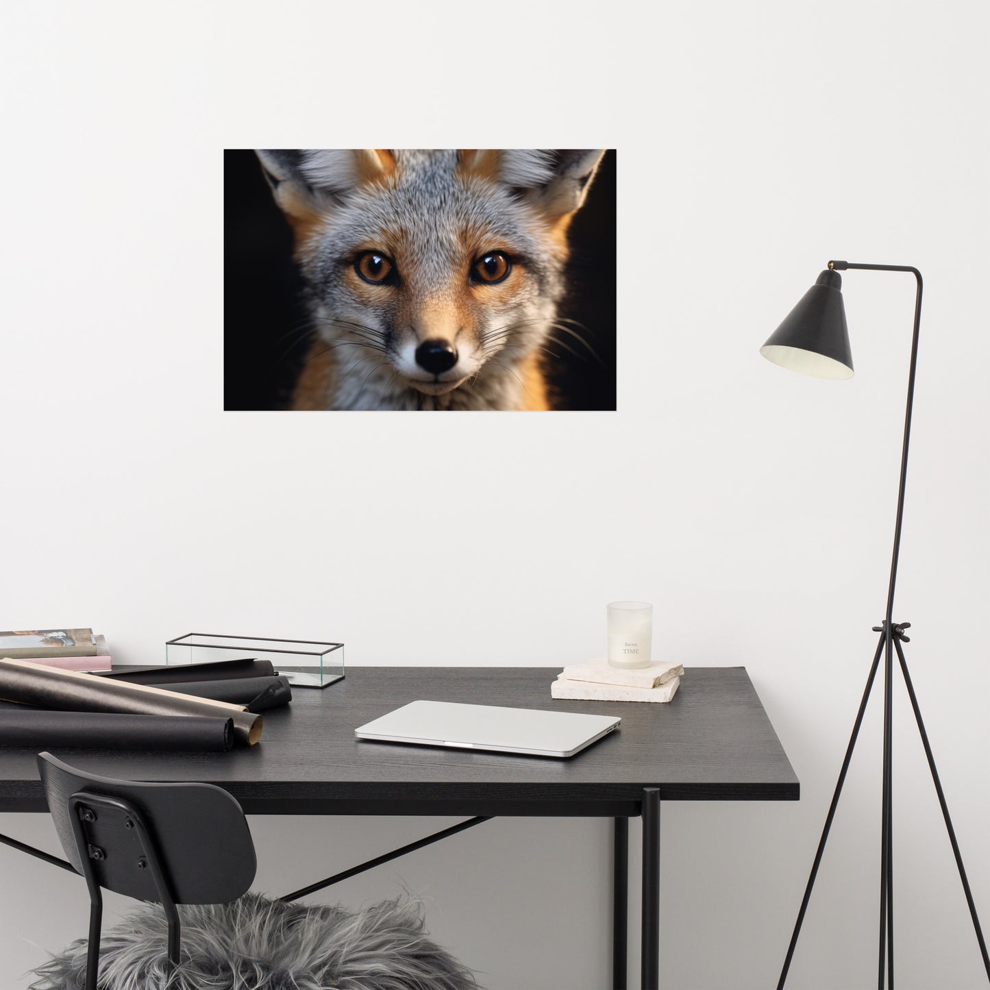 Foxfire Gaze Gray Fox Photorealism - Digital Artwork Loose Art Print