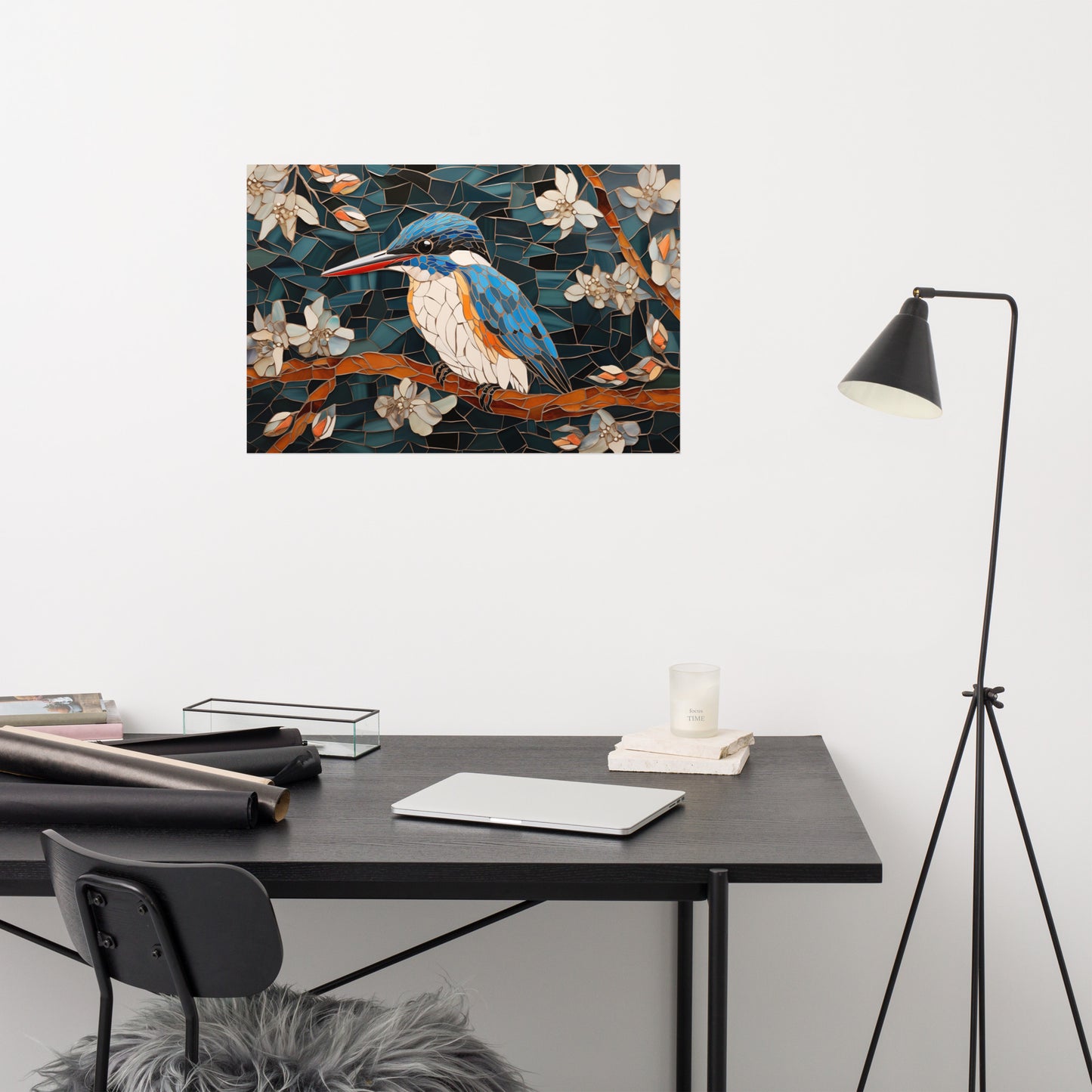 Kingfisher Among Blossoms Mosaic Illustration - Digital Artwork Loose Art Print