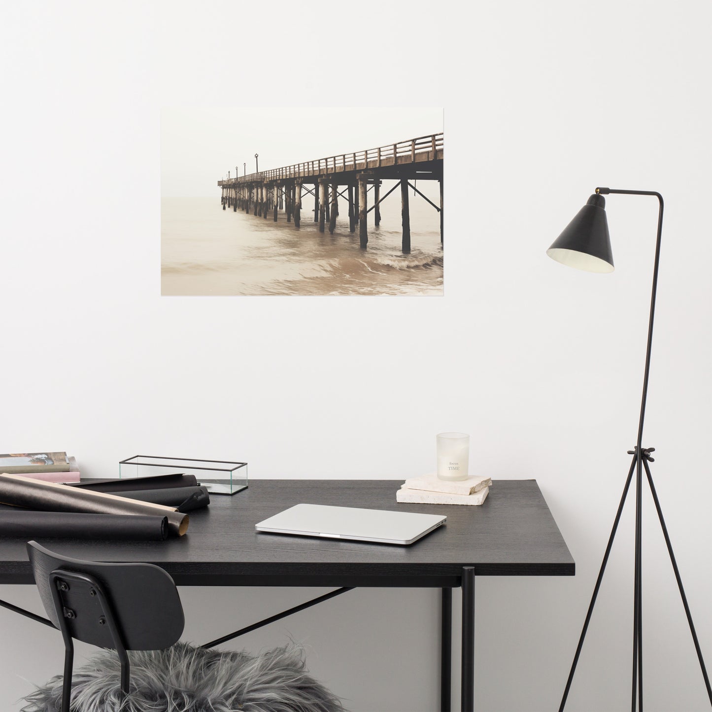 The Pier in the Fog Subdued Retro Coastal Photorealism - Digital Artwork Loose Art Print