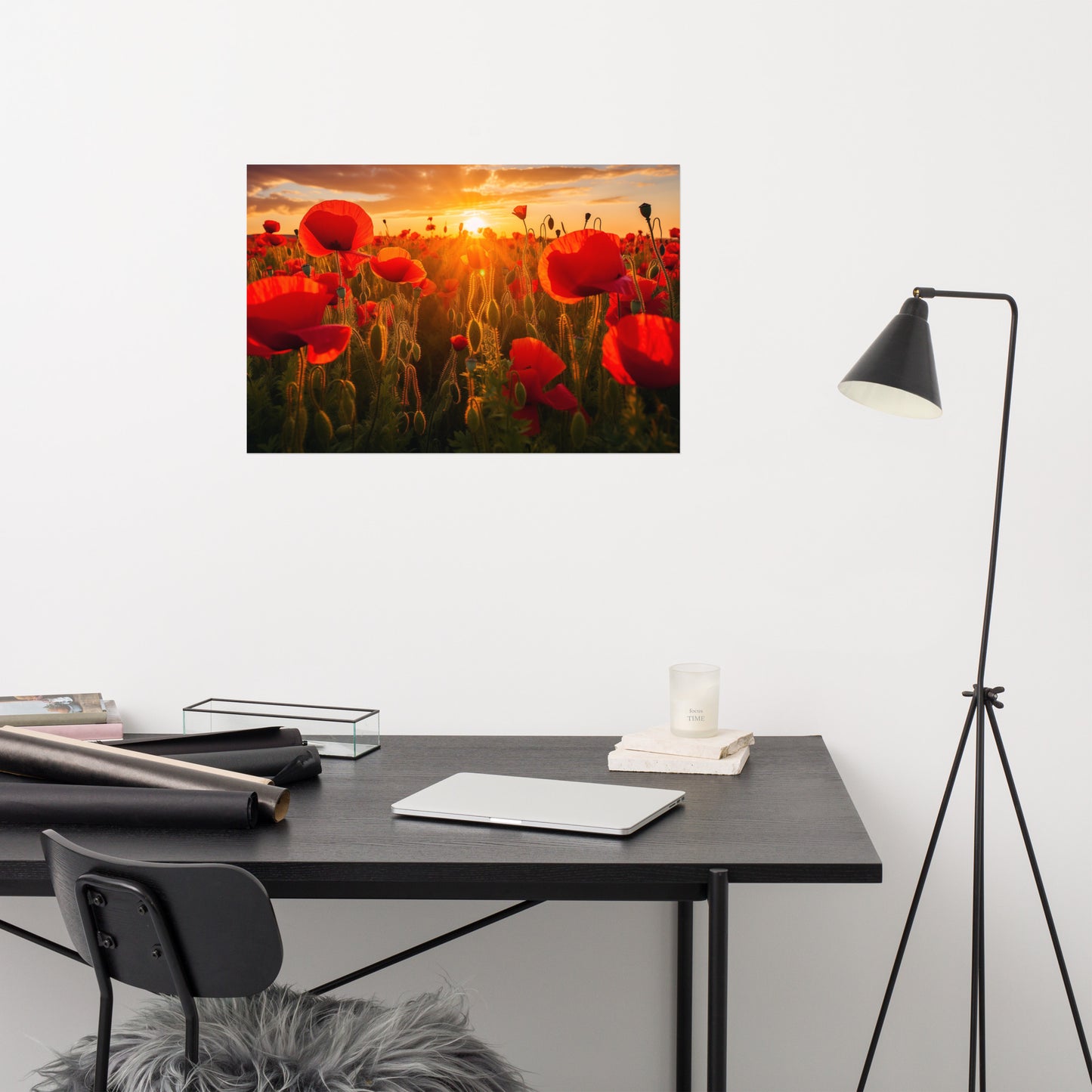 Nature's Crimson Canvas Poppy Field Sunset Photorealism - Digital Artwork Loose Art Print