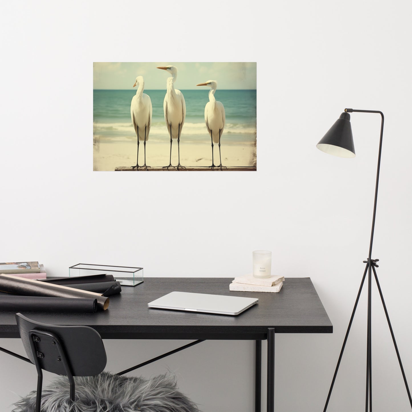 Nature's Serenity Egret Retro Subdued Photorealism - Digital Artwork Loose Art Print