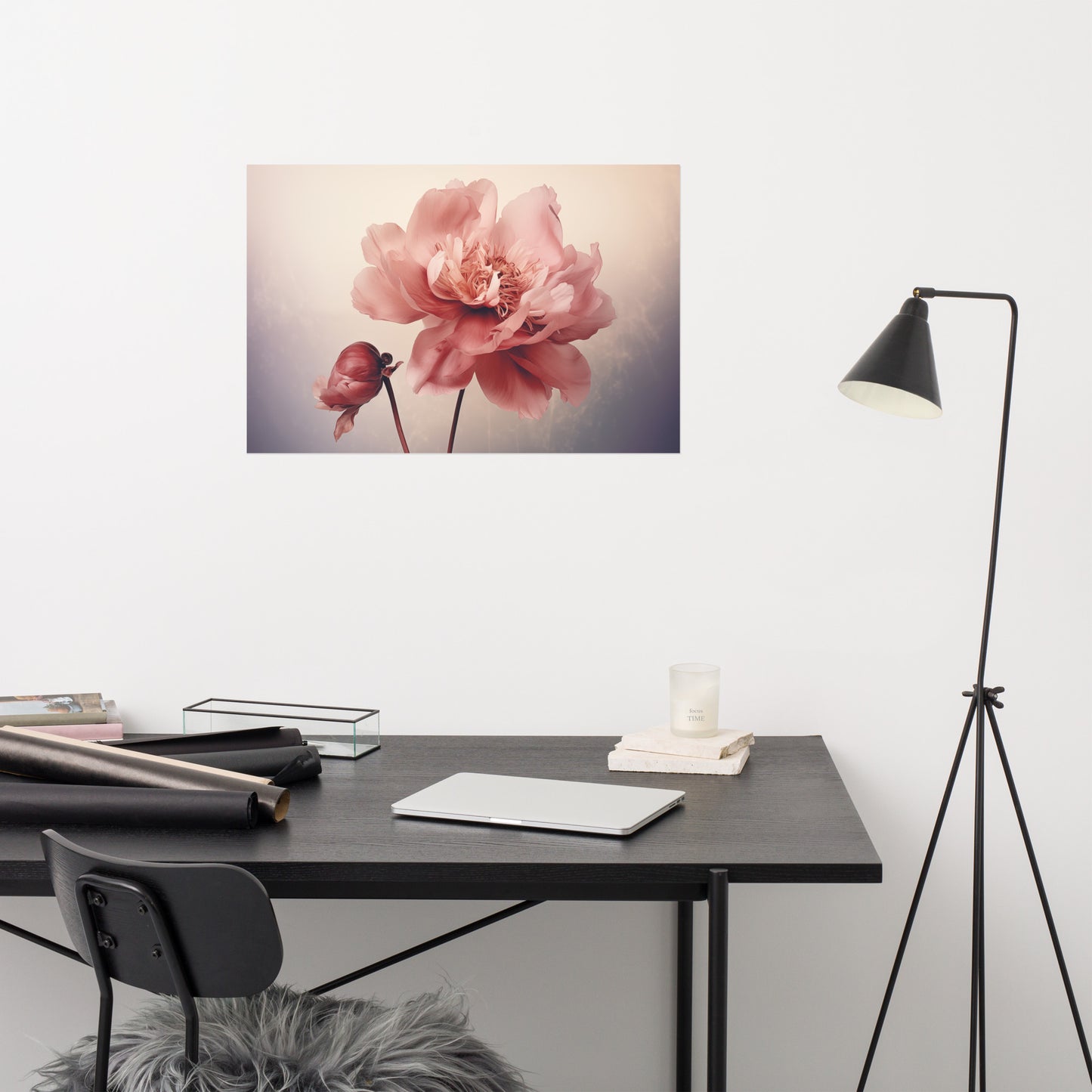 Quiet Blooms Peony Retro Subdued Photorealism - Digital Artwork Loose Art Print