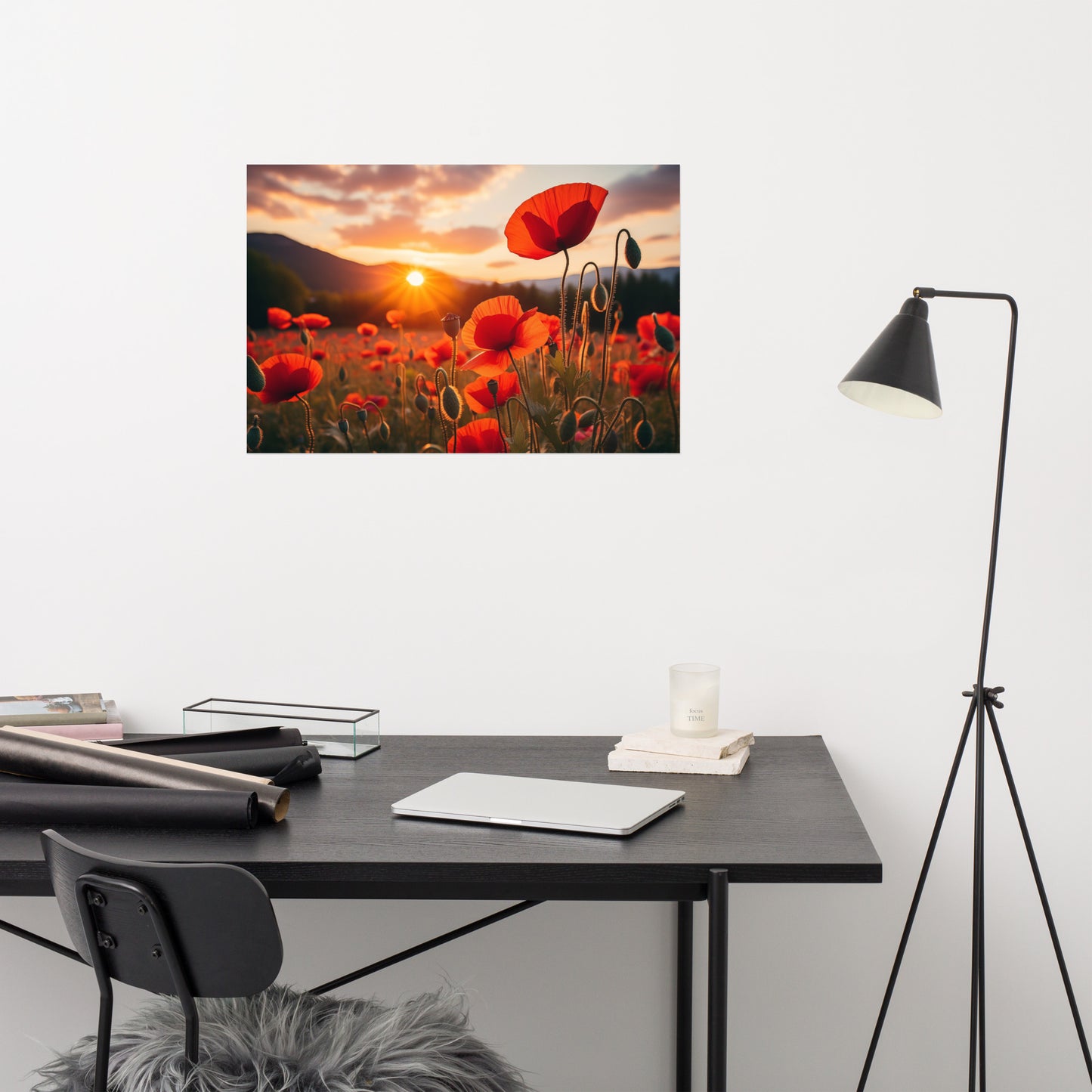 Scarlet Serenade Poppy Field Sunset Photorealism - Digital Artwork Loose Art Print