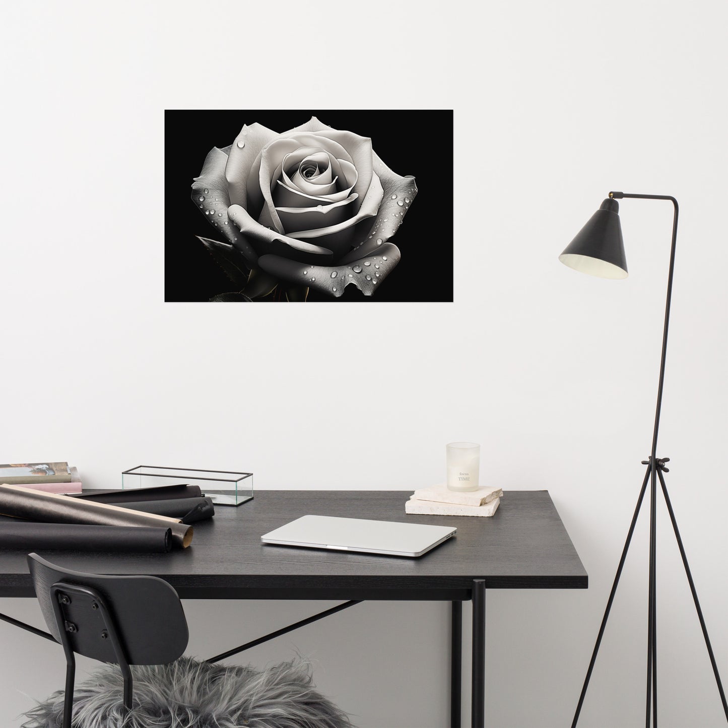 Silver Tears Black and White Rose Photorealism - Digital Artwork Loose Art Print