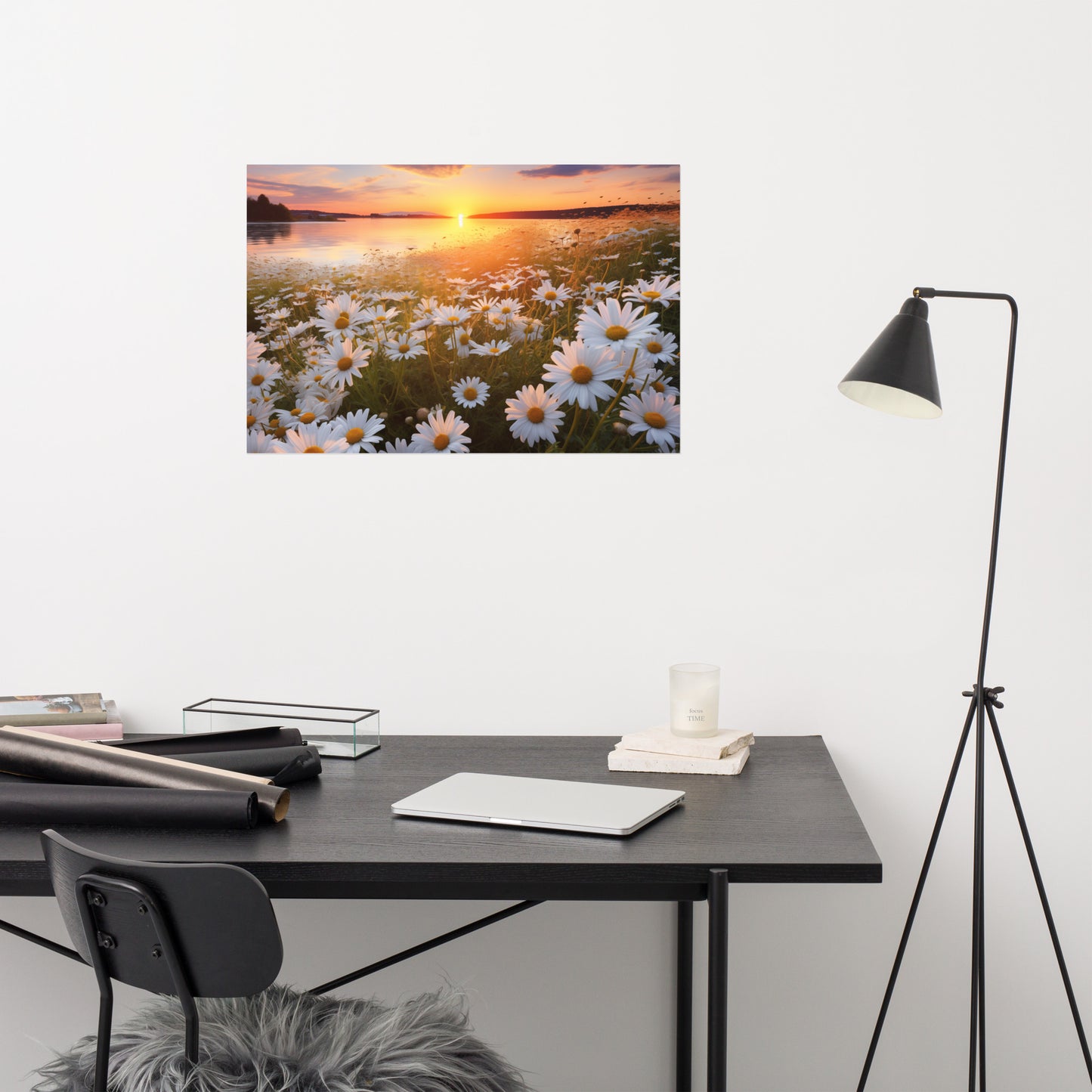 Sunset Serenade Daisy Field Photorealism - Digital Artwork Loose Art Print