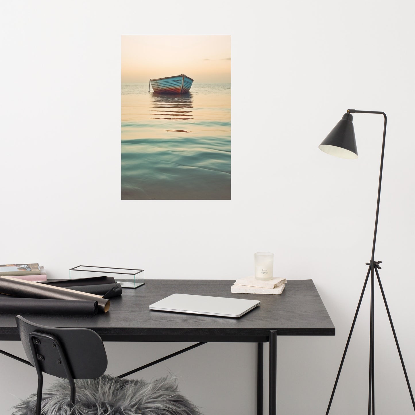 Sunset Silhouette Abandoned Weathered Boat Beach Subdued Photorealism - Digital Artwork Loose Art Print