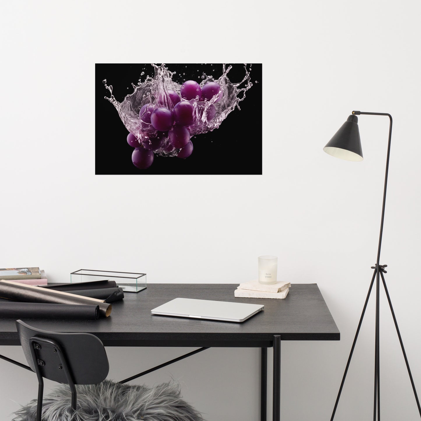 The Juicy Explosion Purple Grapes in Water Photorealism - Digital Artwork Loose Art Print