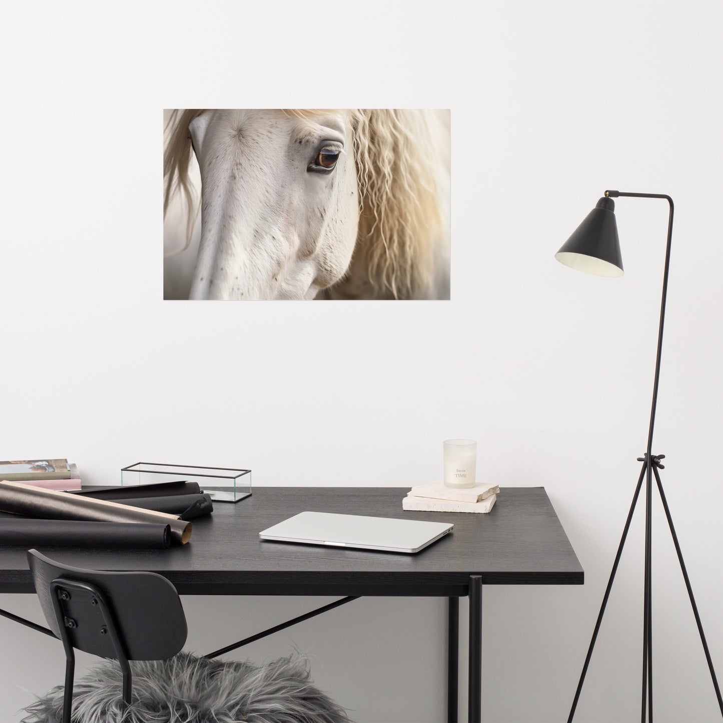 The Silent Strength White Horse Photorealism - Digital Artwork Loose Art Print