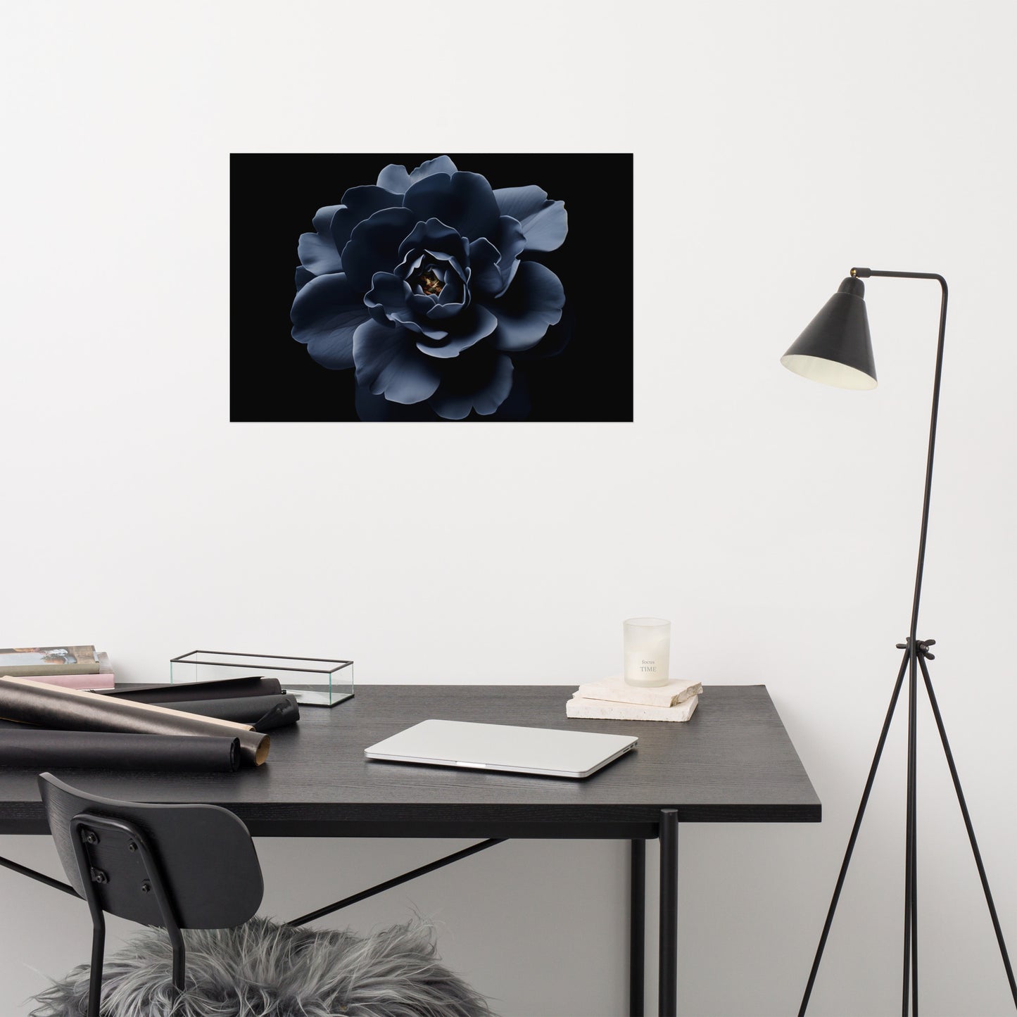 Starlit Blooms Dark Navy Blue Flower - Realism Painting Digital Artwork Loose Art Print