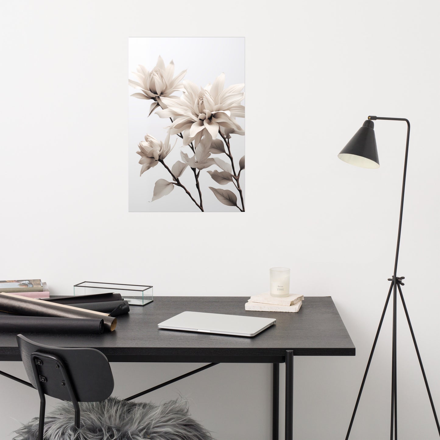 Timeless Bloom Realism Painting Gray Floral Digital Artwork Loose Art Print