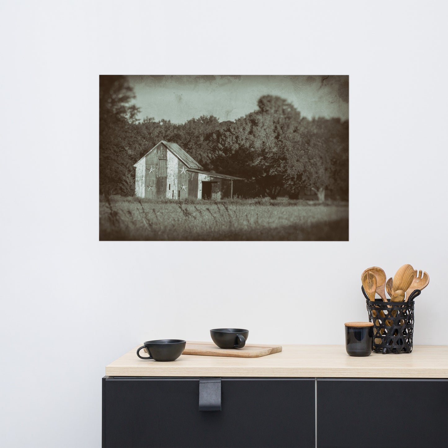 Patriotic Barn in Field Vintage Black and White Landscape Photo Loose Wall Art Prints