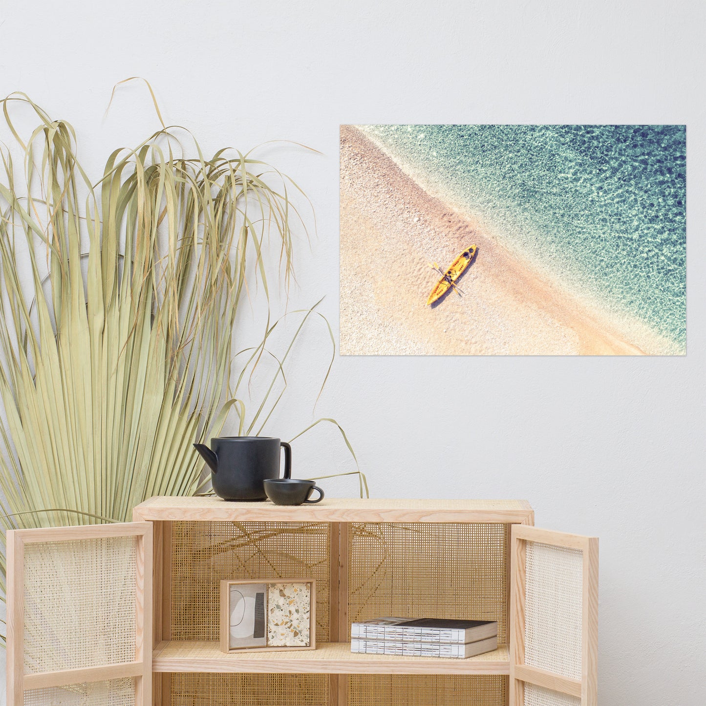 Yellow Canoe and Blue Sea with Soft Violet Effect Landscape Photo Loose Wall Art Prints