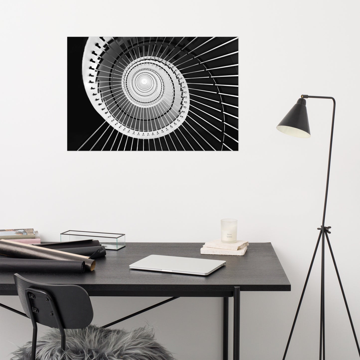 Black and White Architectural Photos: Never Ending Ascent - Equiangular Spiral Staircase Frameable Art Print