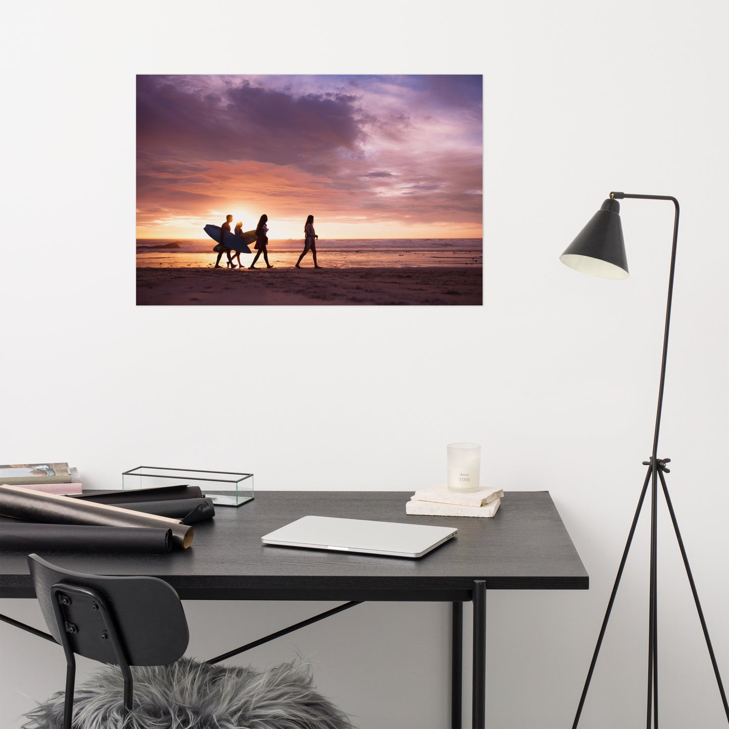 Surfers and Sunset on the Shore Coastal Landscape Lifestyle Photograph Loose Wall Art Print