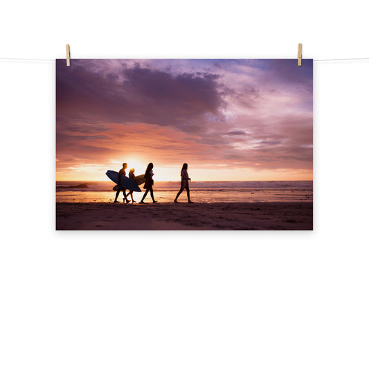 Surfers and Sunset on the Shore Coastal Landscape Lifestyle Photograph Loose Wall Art Print