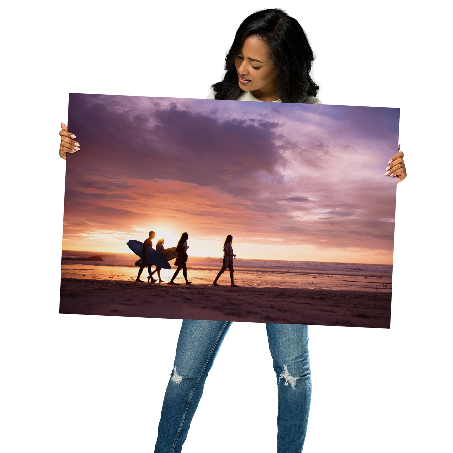 Surfers and Sunset on the Shore Coastal Landscape Lifestyle Photograph Loose Wall Art Print