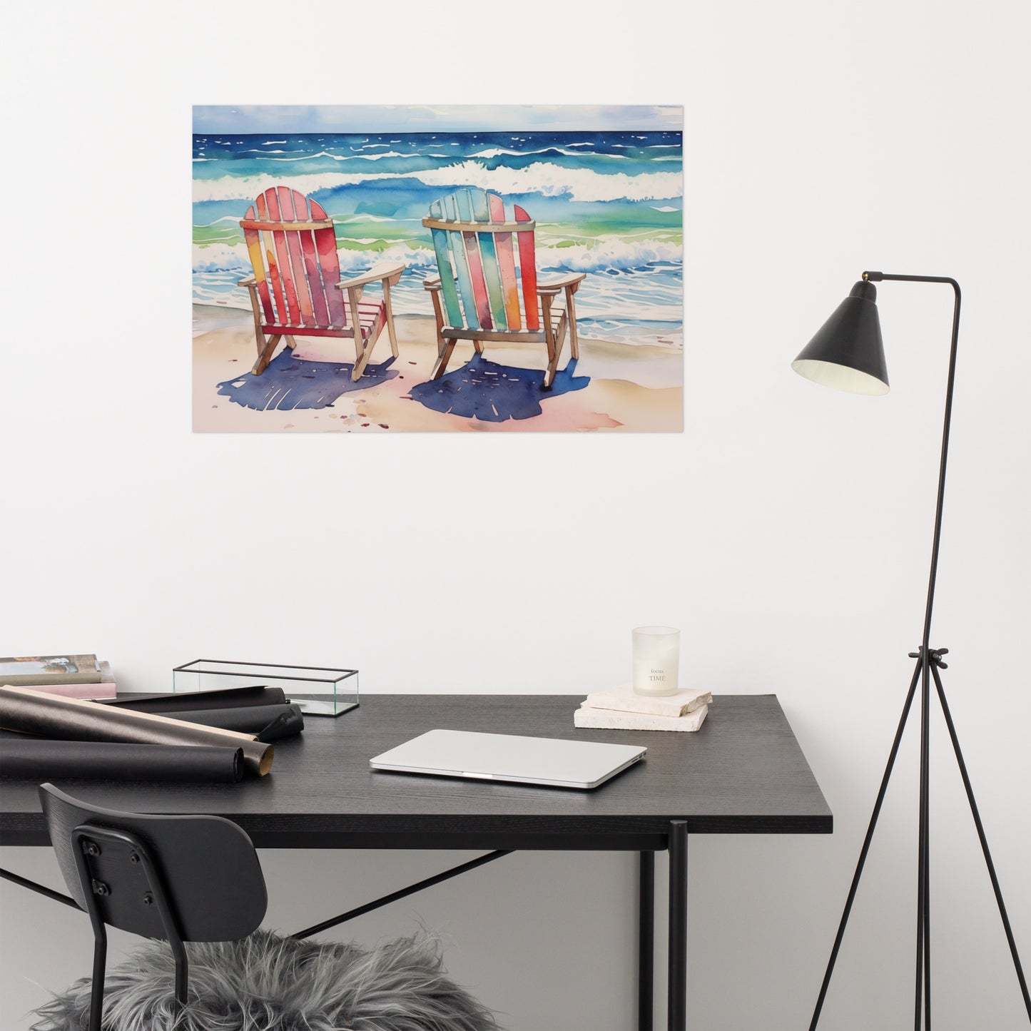 Chair on Beach Painting: "A Sunny Day for Two" Watercolor Painting Illustration - Digital Artwork Loose Wall Art Print