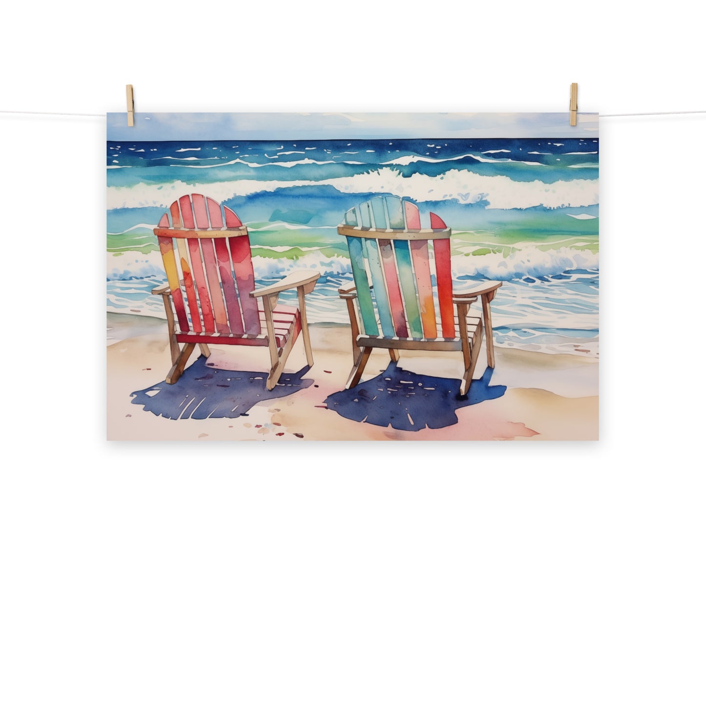 Chair on Beach Painting: "A Sunny Day for Two" Watercolor Painting Illustration - Digital Artwork Loose Wall Art Print